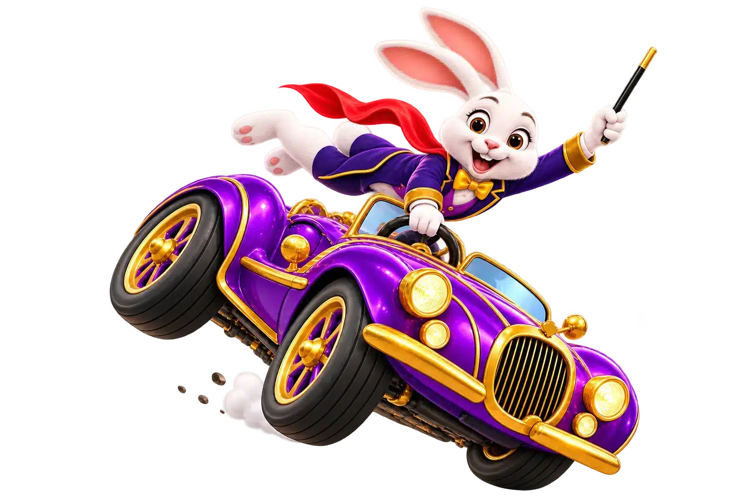 Le lapin magicien au volant de sa voiture de sport violette